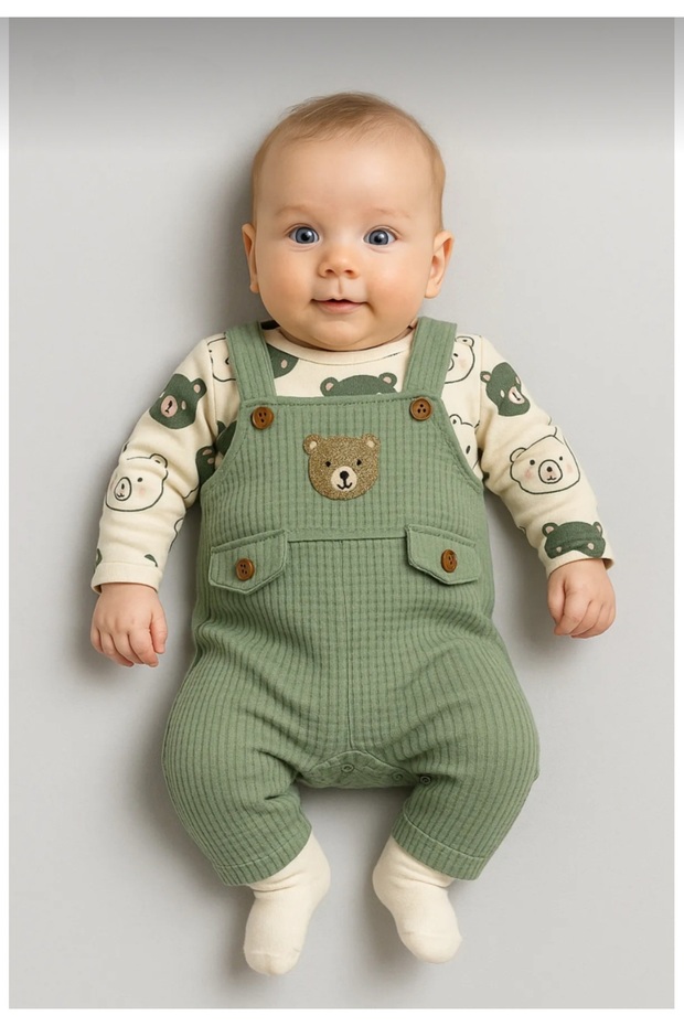Bear Patterned Baby Boy Rompers 3-Piece Rompers Set (Zıbın Rompers Socks) 3-6-9 Months Baby Outfit Green Color