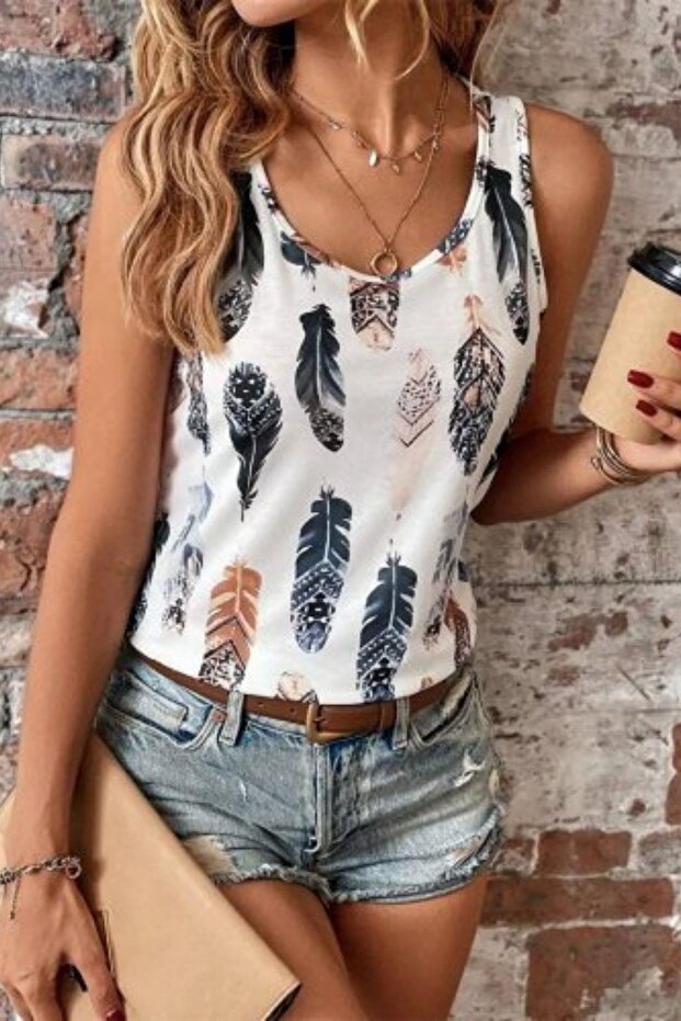 Zero Sleeve Leaf Patterned Single Jersey Blouse - Patterned - 1