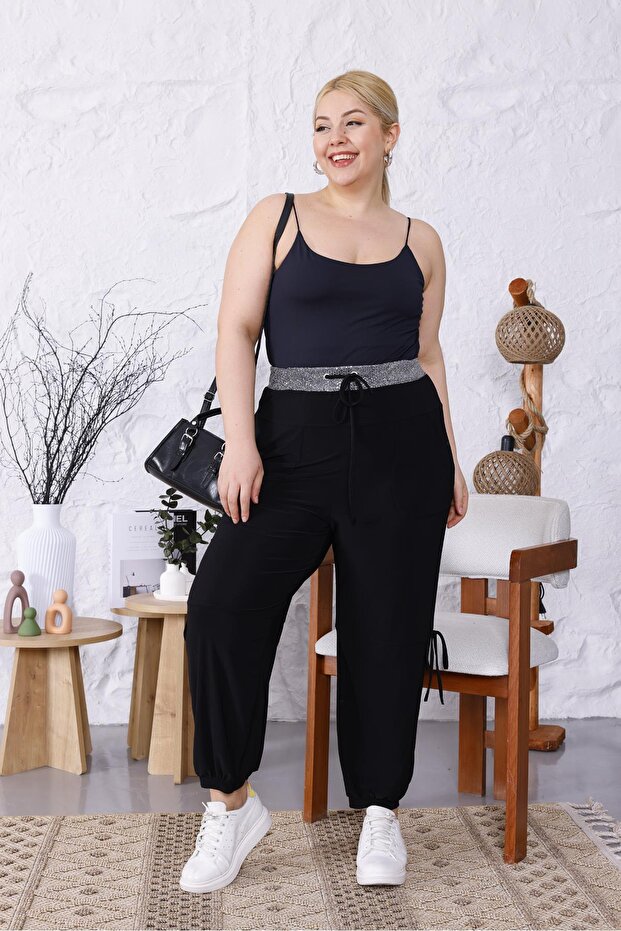 Large Size Waist Shiny Pocket Lace up Loose Trousers