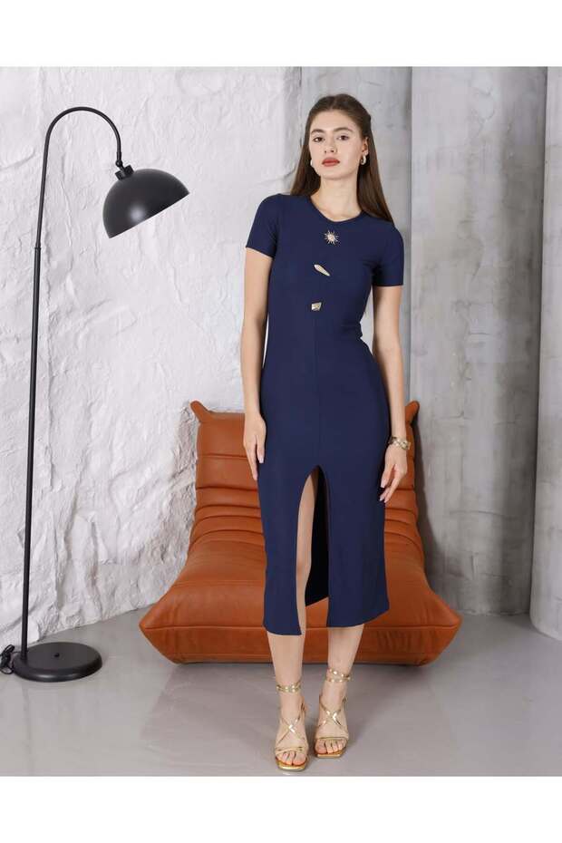 Navy Blue Ottoman Fabric Short Sleeve Midi Dress with Slit Detail – with Sun Accessories 7279