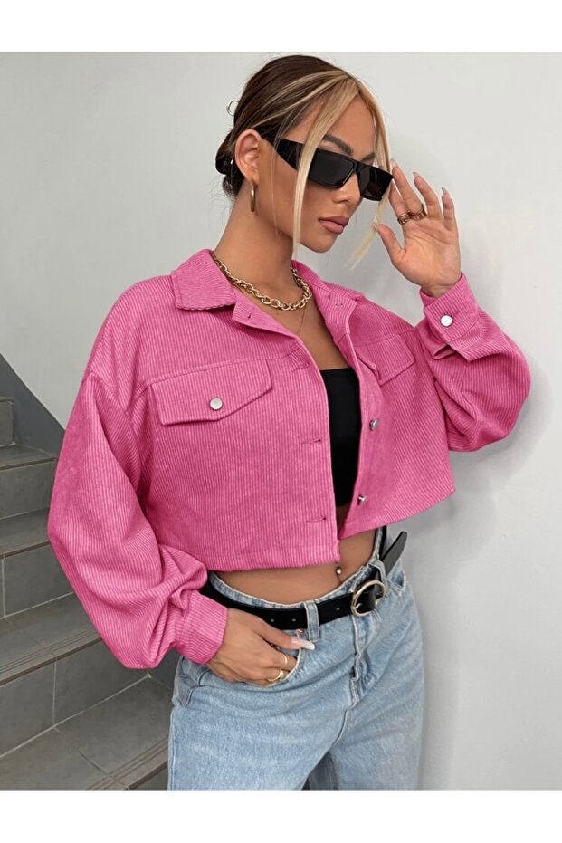 Crop denim pembe kor ceket