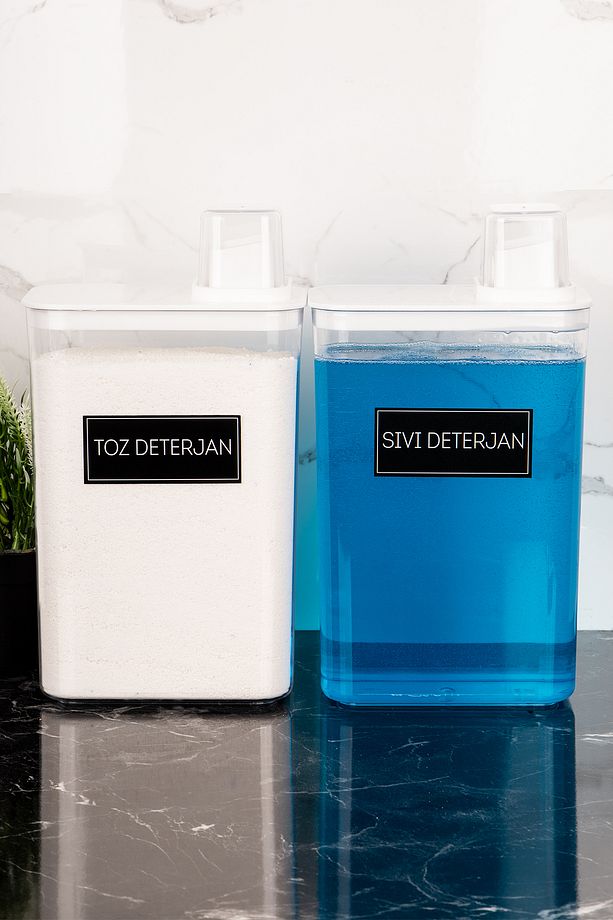 2'li Deterjanlık Kutusu Seti Toz Deterjan Sıvı Deterjan Etiketli Saklama Kutusu 3000ml Deterjan Seti - 3