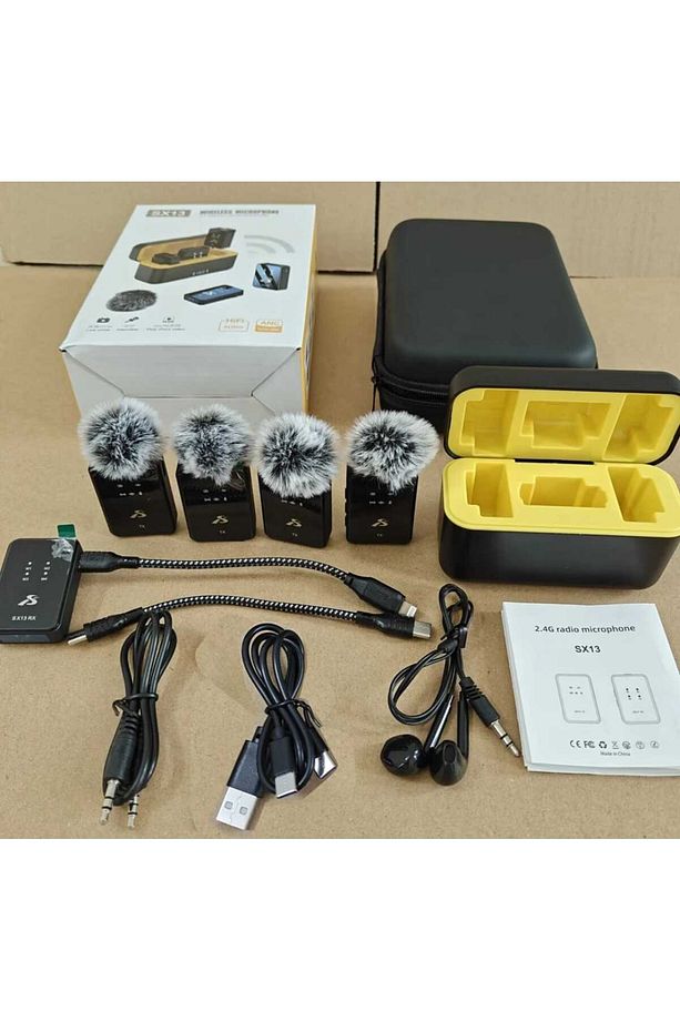 SX13 4 Mikrofonlu Iphone Ve Type-c Uyumlu Kablosuz Yaka Mikrofonu Şarj Göstergeli Gürültü Azaltma - 5