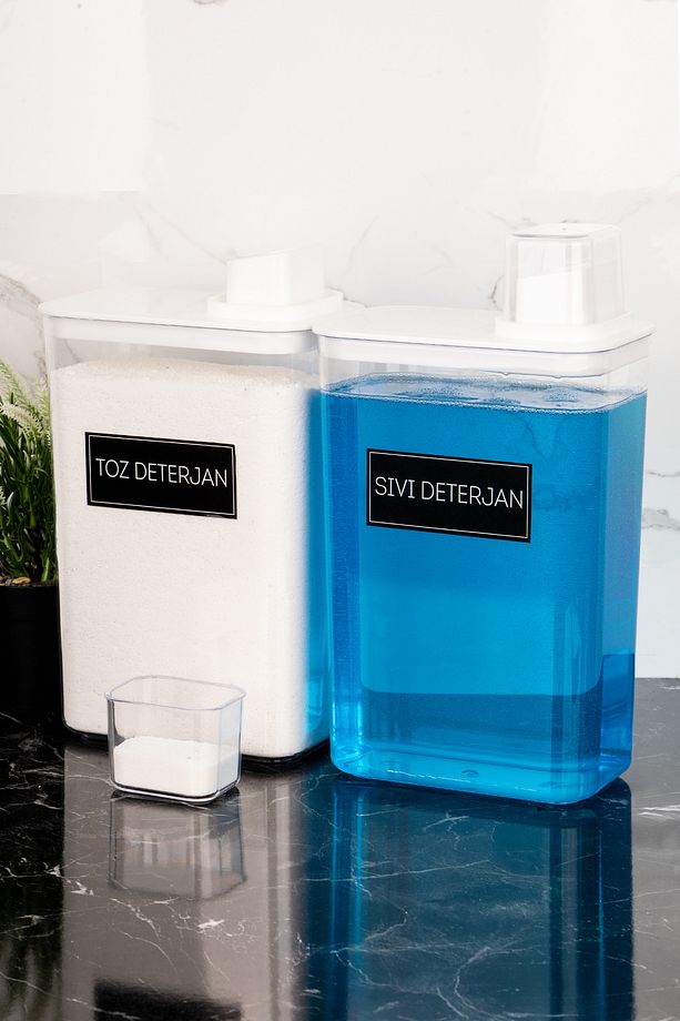 2'li Deterjanlık Kutusu Seti Toz Deterjan Sıvı Deterjan Etiketli Saklama Kutusu 3000ml Deterjan Seti - 5