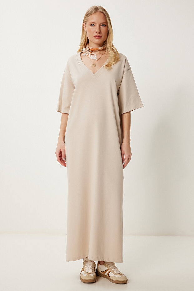 Oversize Basic Summer Stretch Knitted Dress Beige Lub0113