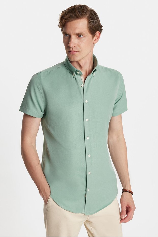 Men's Slim Fit Slim Fit Short Sleeve Sports Collar Oxford Texture Cotton Green Shirt