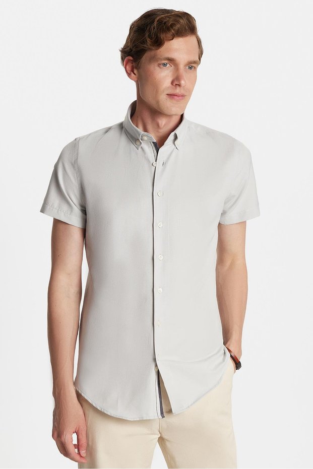 Men's Slim Fit Slim Fit Short Sleeve Sports Collar Oxford Texture Cotton Gray Shirt