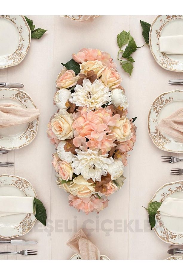 Yapay Çiçek Masa Çiçeği Masa Üstü Dekor 60x20 Cm Yemek Masası Düğün Nişan Masa Süsü Pastel Renk - 3