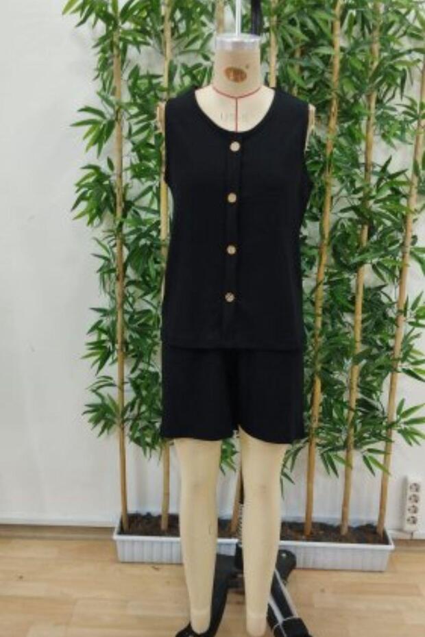 بدلة مزدوجة ملفوفة بأزرار أمامية ورقبة على شكل حرف V - أسود - 4