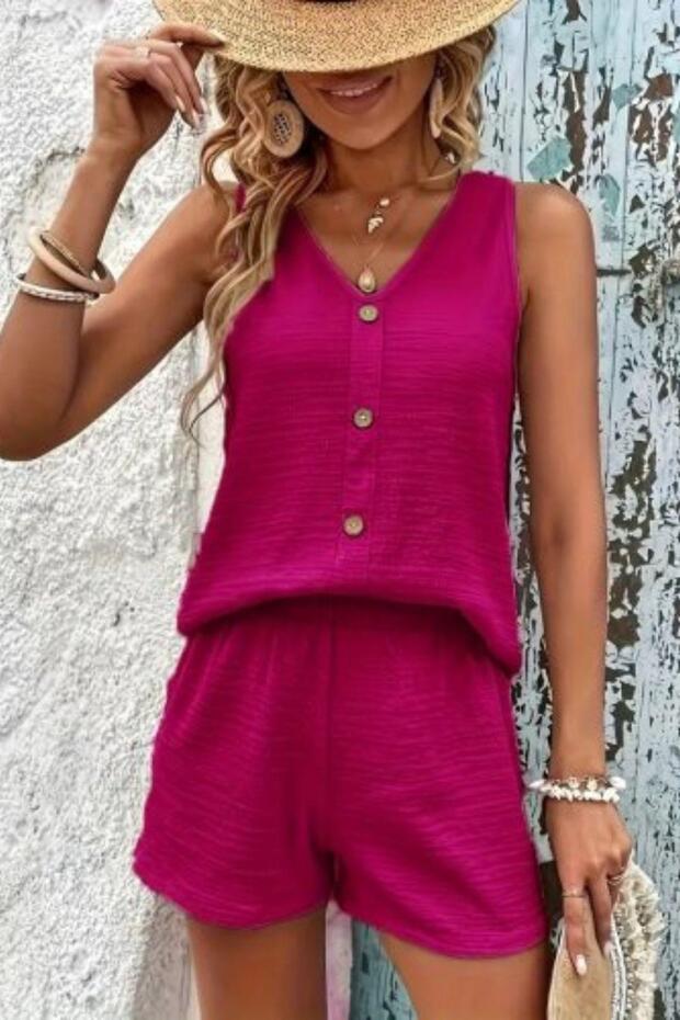 V-Neck Front Buttoned Wrap Double Set - Fuchsia - 1