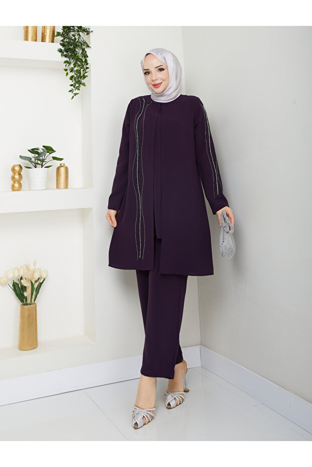Honeycomb Fabric Women's Mom Suit with Striped Stone Pants
