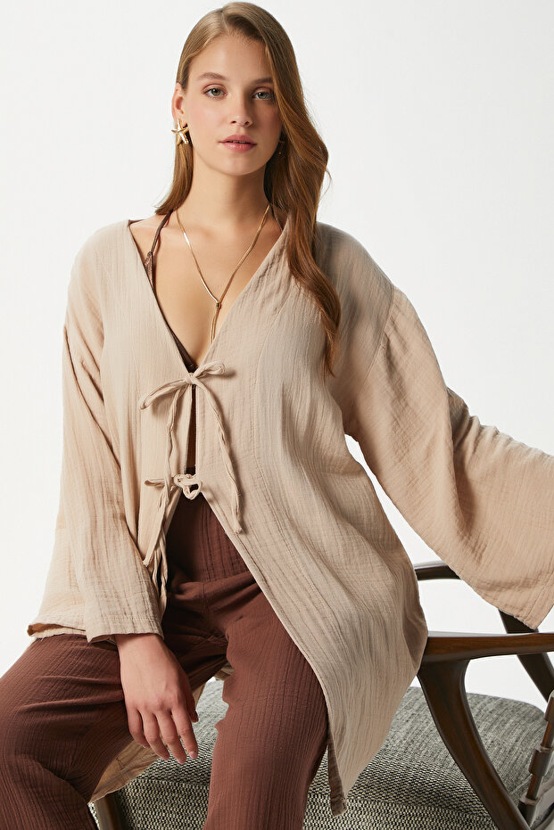 Women's Sandra 100% Cotton Muslin Laced Beige Kimono