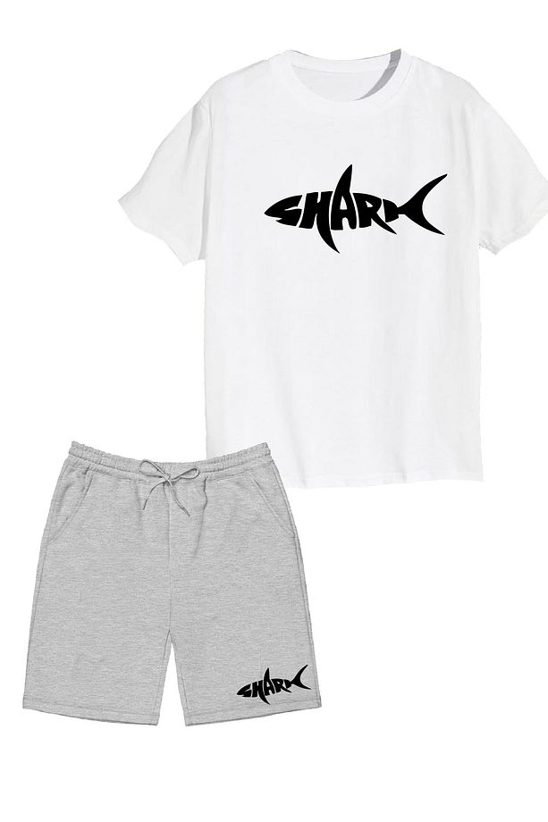 2'li Set Baskılı Erkek Çocuk Pamuk Şort Tshirt Takım Shark 5 6 7 8 9 10 11 12 13 14 yaş Tişört - 1
