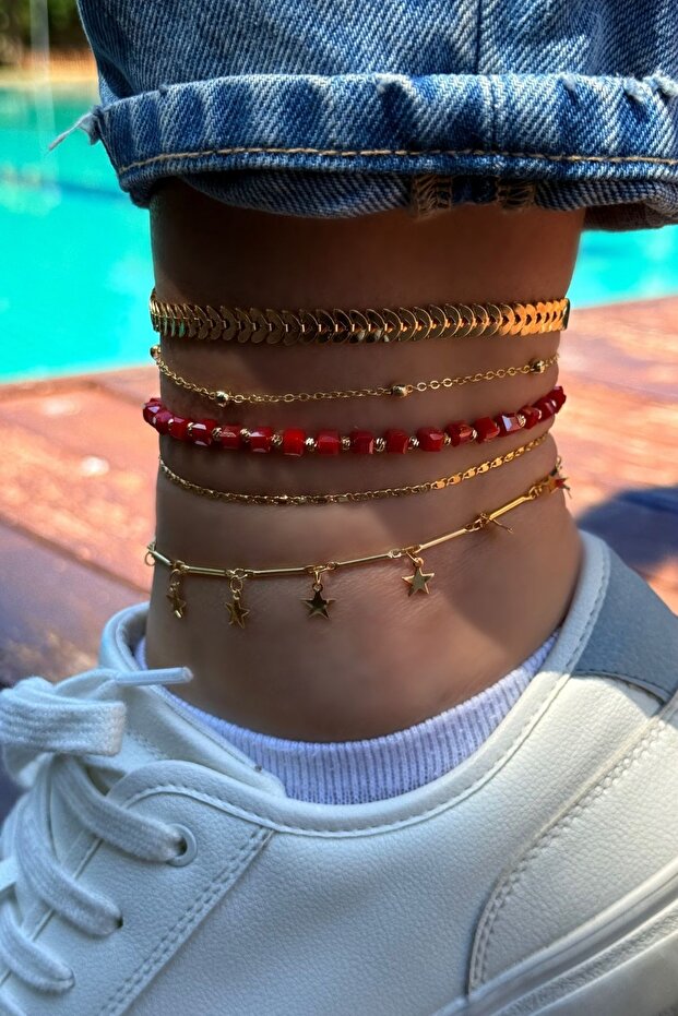Shining set of 5 anklets - 05 gold-red crystal