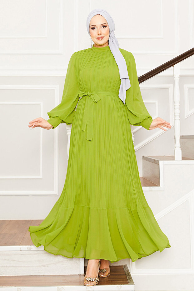 Organza Sleeves Hijab Evening Dress Oil Green