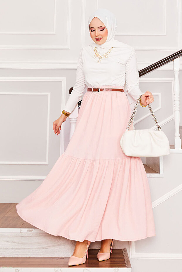 Elastic Waist, Gathered Hem, Hijab Skirt, Powder Color