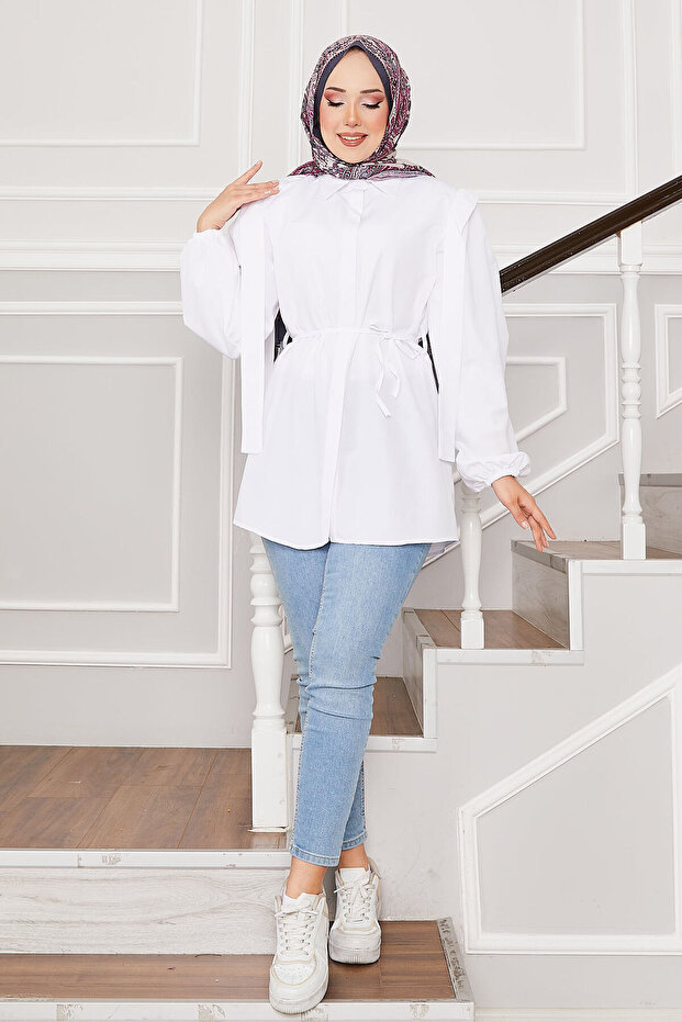 Shoulder Detailed Hidden Buttoned Hijab Shirt White