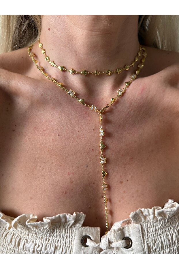 Gold Enamel Butterfly and Heart Y Necklace