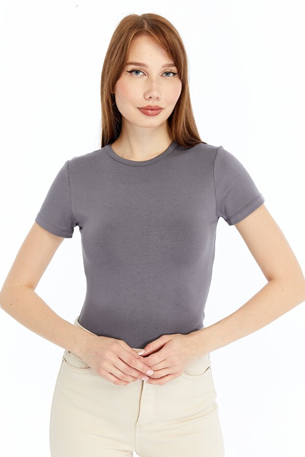 Women's Anthracite Gray Round Neck Short Sleeve Viscose Blouse
