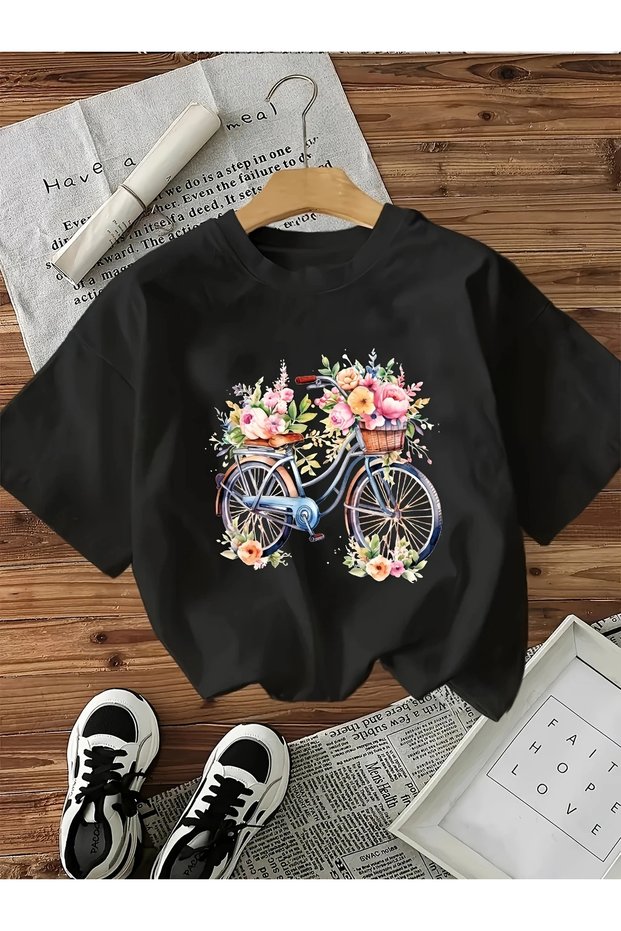 Cotton Oversize Floral Bicycle Printed Short Sleeve Crew Neck Comfortable Casual T-Shirt