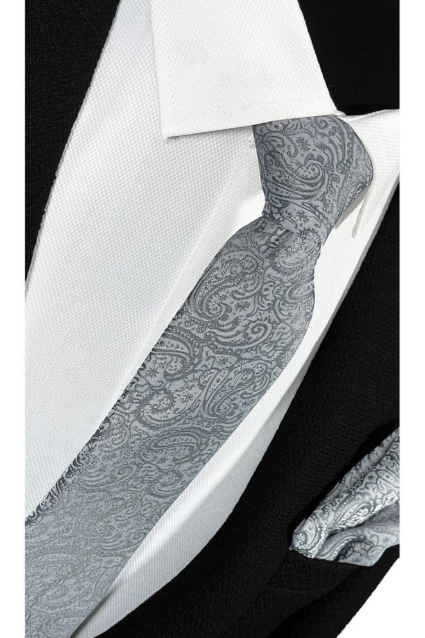 Açık & Koyu Gri Şal Desenli Mikrofiber Kravat ve Mendil Seti - 7 cm Modern Kesim - 4