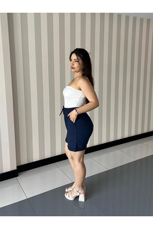 Kadın Lacivert Beli Lastikli Bağcıklı Müslin Şort - 7