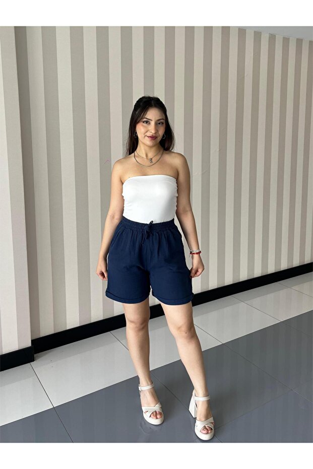 Kadın Lacivert Beli Lastikli Bağcıklı Müslin Şort - 1