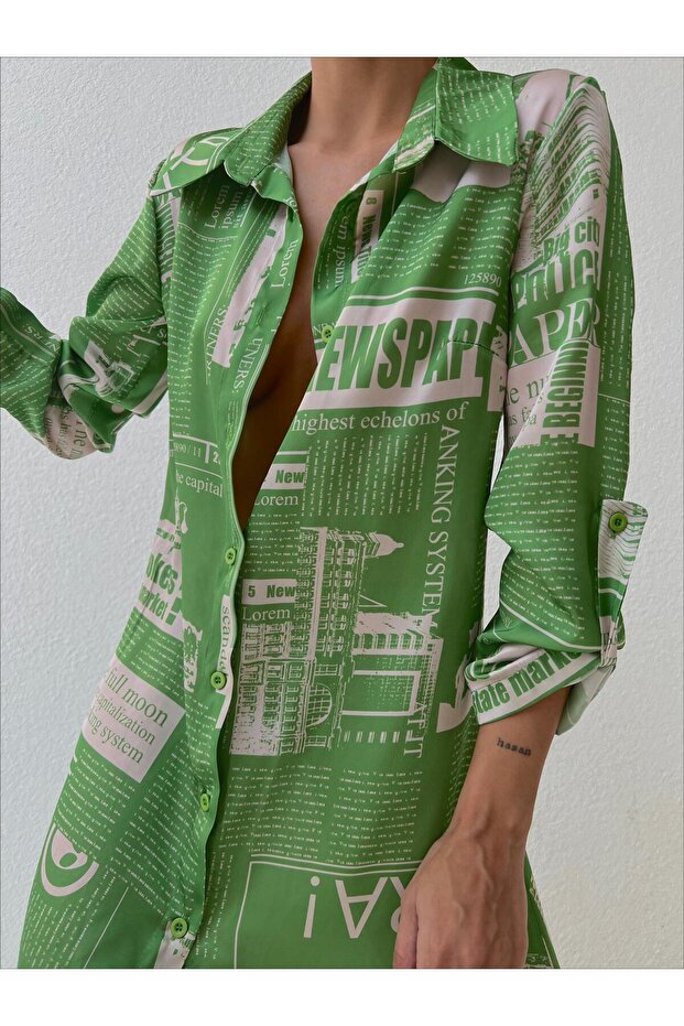 Women's Satin Chiffon Patterned Shirt Dress