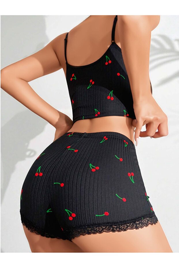 Nightgown Strap Cherry Patterned Black - 2