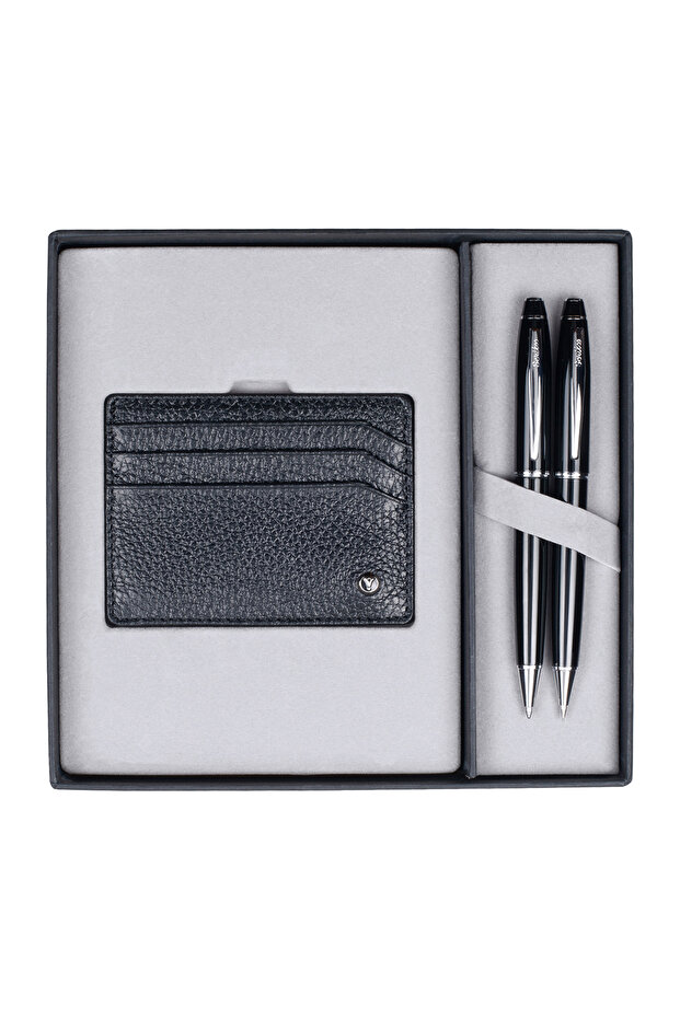 Ballpoint Pen Versatil Black Genuine Leather Credit Card Holder Set