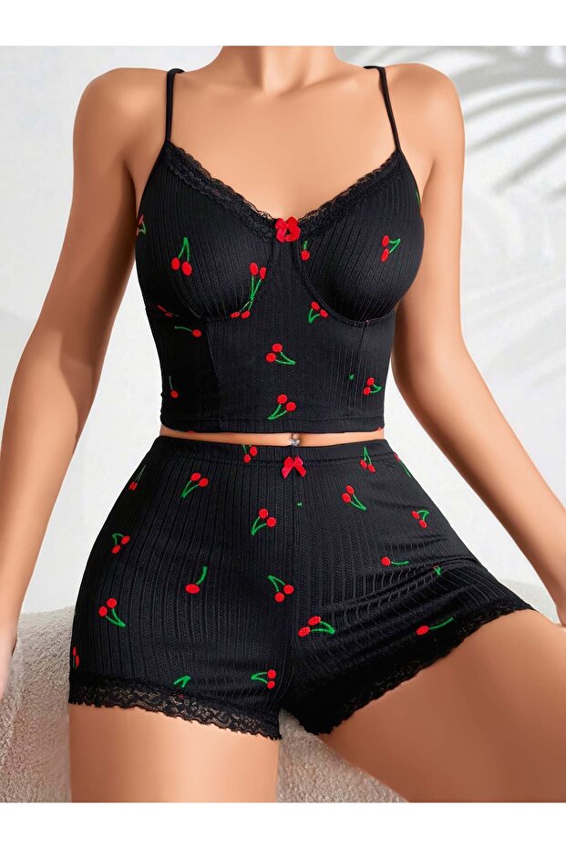 Nightgown Strap Cherry Patterned Black - 3