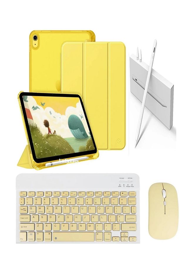 Apple iPad 10.NESİL 10.9 ve 11. NESİL A16 Uyumlu Flip Kılıf SArı+ Bluetoothlu Klavye Mouse + Kalem - 1