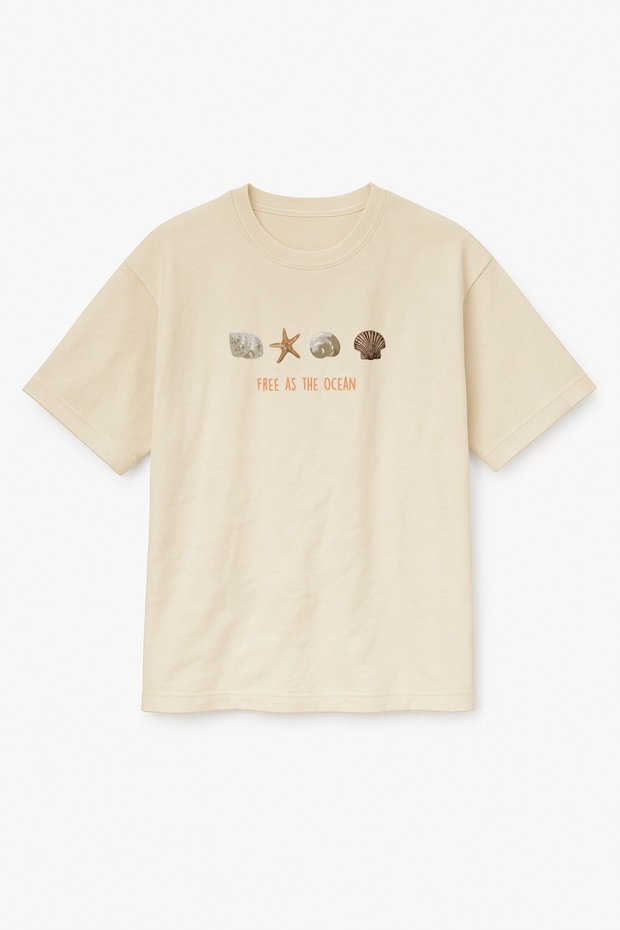 Beige Color Oversize Free as the Ocean Seashell Printed Unisex T-Shirt T-Shirt