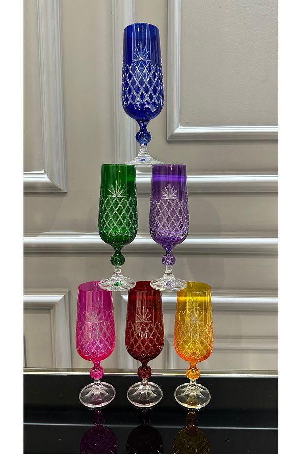 Bohemia Kristal Renkli El İşi Ayaklı Ananas Model Kahve Yanı Su Bardağı - 4