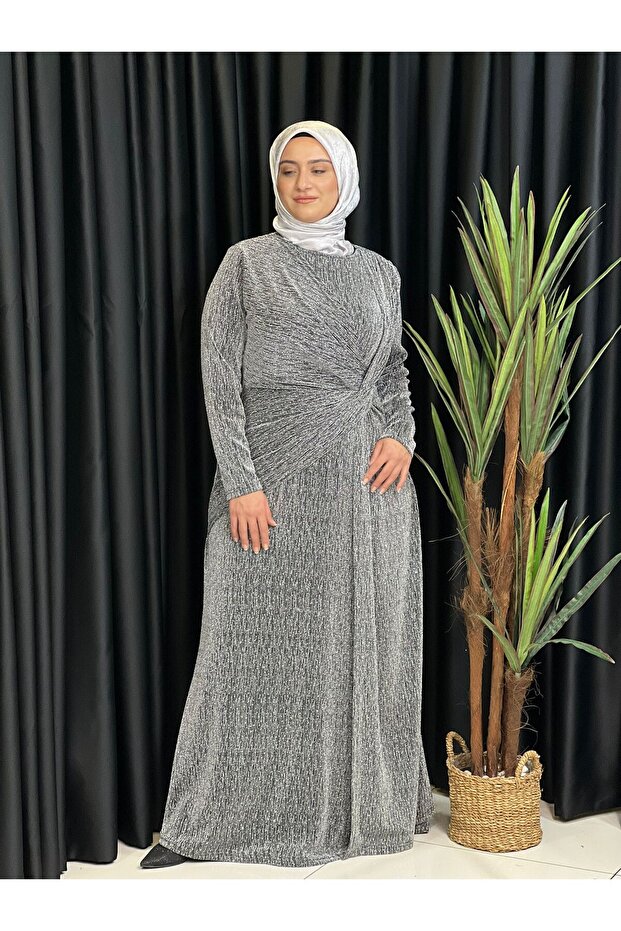 Luxury Evening Dress with Self-Glitter Front Gathered