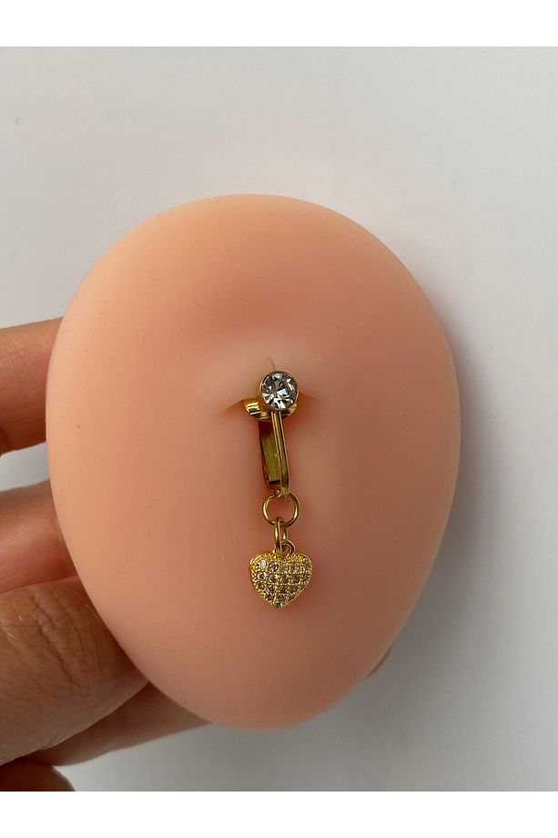 Çelik Göbek Piercing Mıknatıslı Deliksiz Kullanım Sıkıştırmalı Kalpli Minimal Model - 4