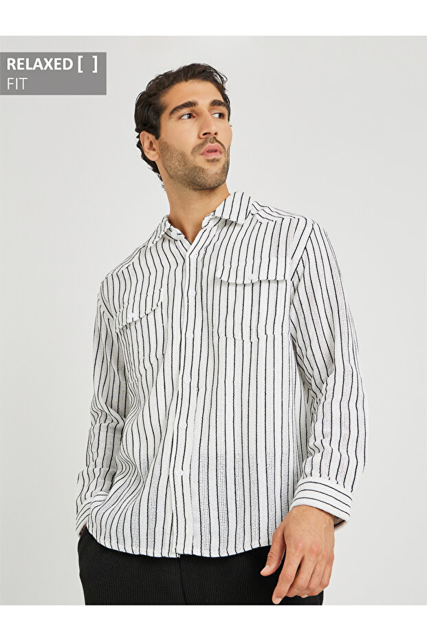 Yarn Dyed Striped Long Sleeve Relaxed Fit Shirt with Flap Pockets