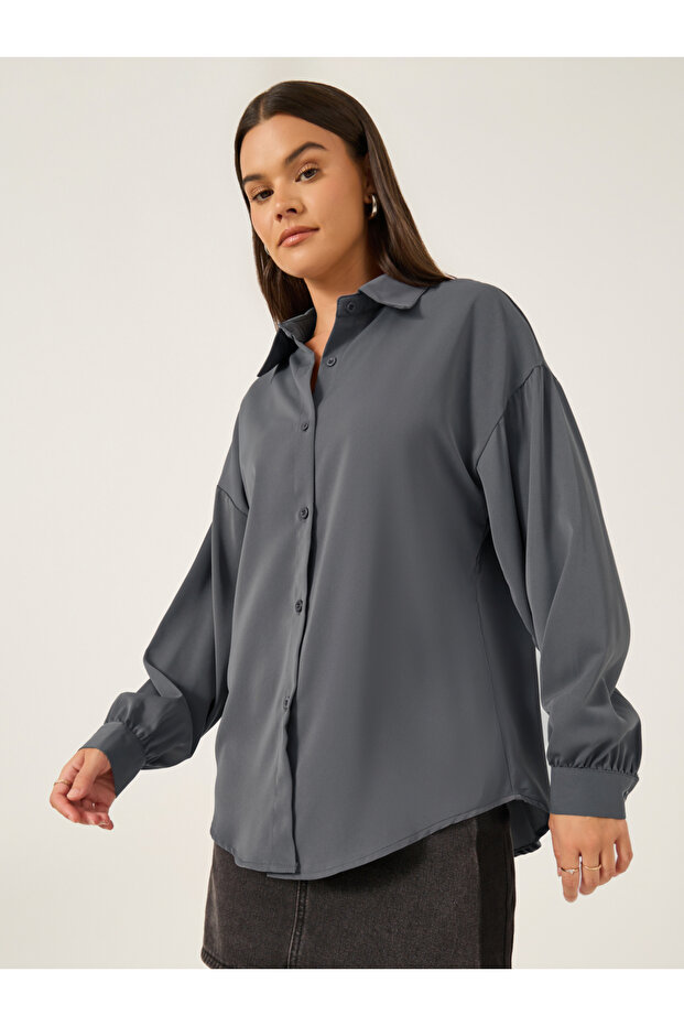 قميص كبير الحجم بياقة واسعة سادة - 3