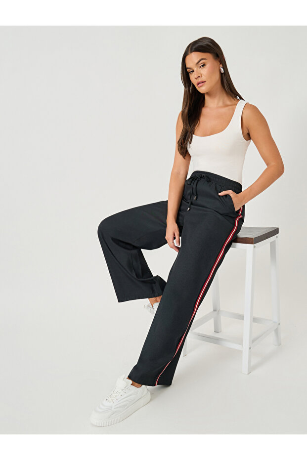 Side Tape Detail Chambray Wide Leg Pants