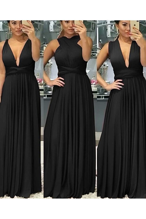 Women's Sleeveless Long Evening Dress with Flare Skirt with Different Tie Collar