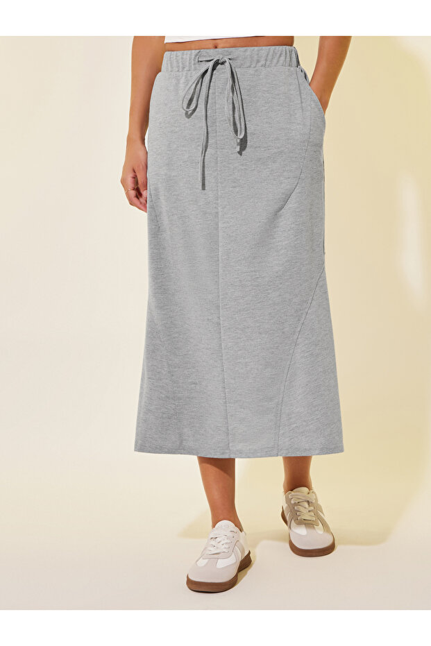 Solid Drawstring Waist A-Line Midi Skirt - 2