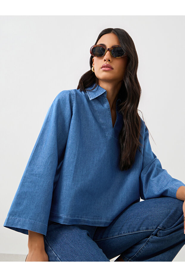Solid Collared Long Sleeve Boxy Denim Top - 1