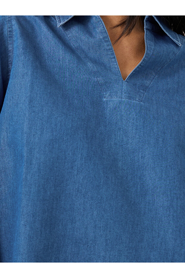 Solid Collared Long Sleeve Boxy Denim Top - 4