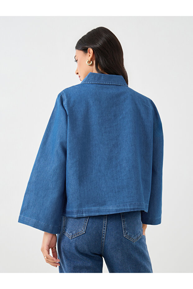 Solid Collared Long Sleeve Boxy Denim Top - 5