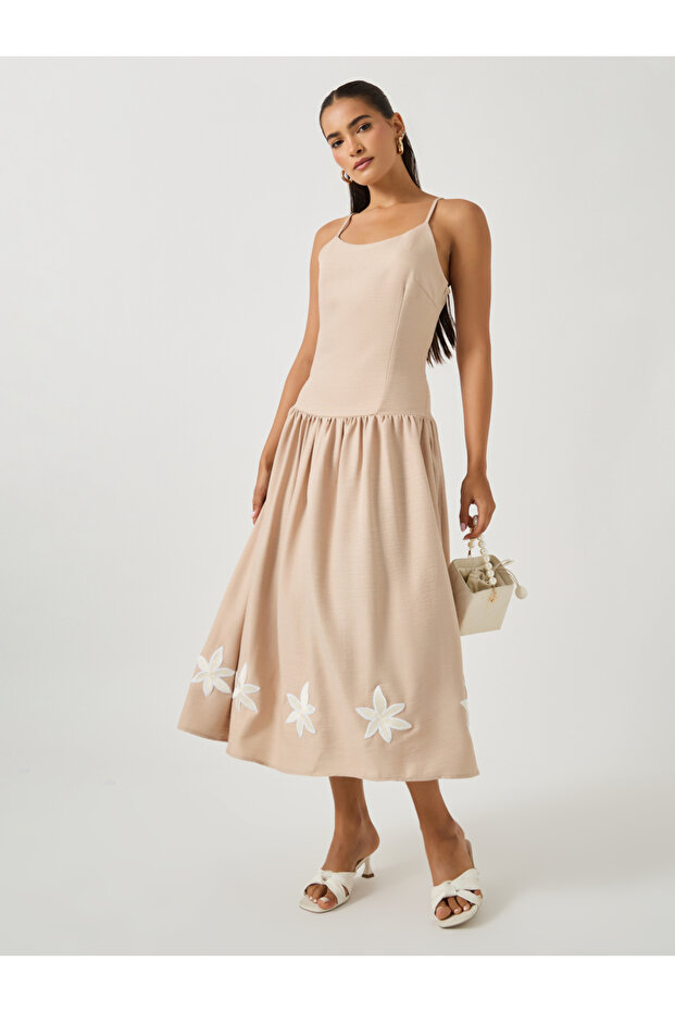 Flower Applique Strappy A-Line Midi Dress