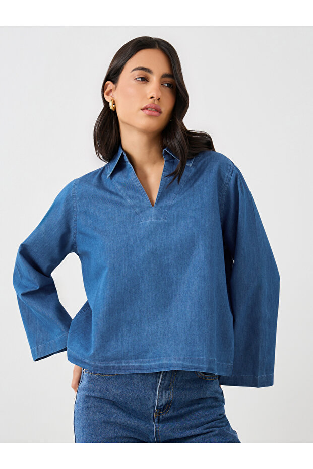 Solid Collared Long Sleeve Boxy Denim Top - 3