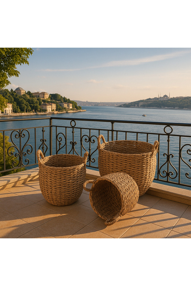 Davet Naturel Hasır Saksı, Dekoratif Sepet Kulplu - 1