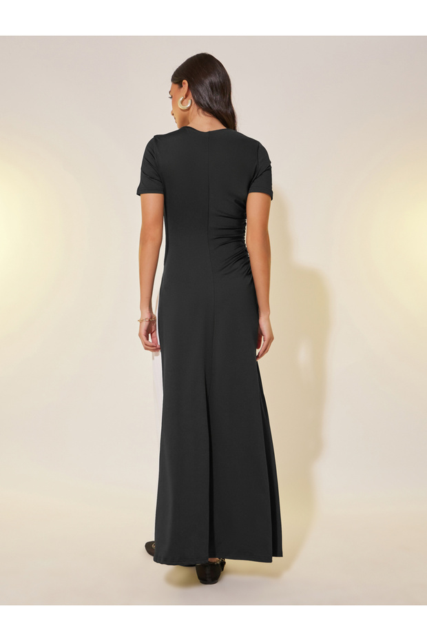 فستان ماكسي سادة ثنائي اللون برقبة دائرية - 5