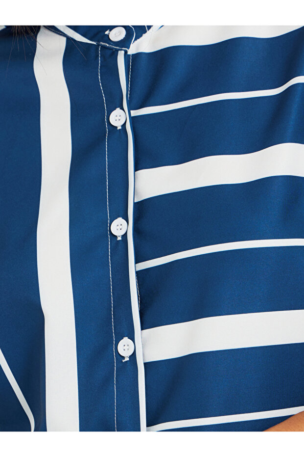 Striped Mandarin Collar Buttoned Top - 4