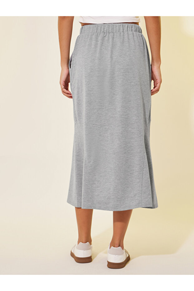 Solid Drawstring Waist A-Line Midi Skirt - 4